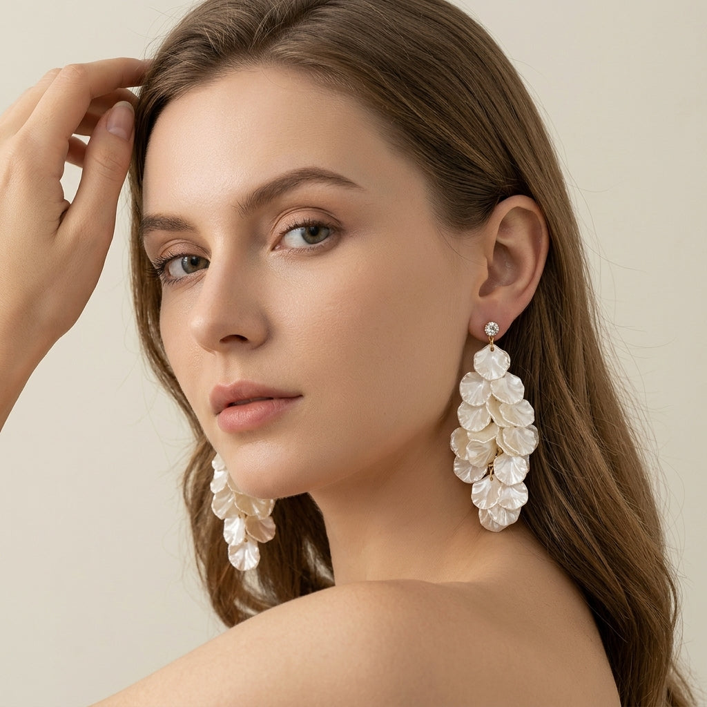 Gold Rhinestone White Petal Resin Drop Earrings For Wedding Evening Party