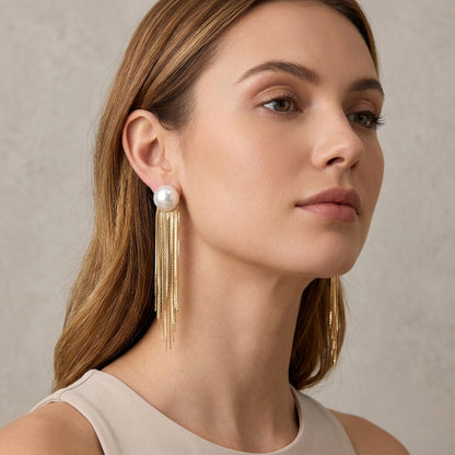 Gold Imitation Pearl Metal Chain Tassel Drop Earrings For Wedding Evening Party