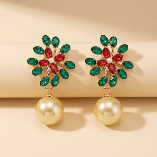Gold Multicolor Rhinestone Flower Imitation Pearl Drop Earrings For Wedding Evening Party