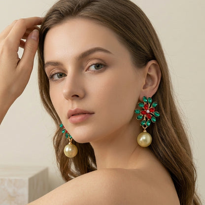 Gold Multicolor Rhinestone Flower Imitation Pearl Drop Earrings For Wedding Evening Party