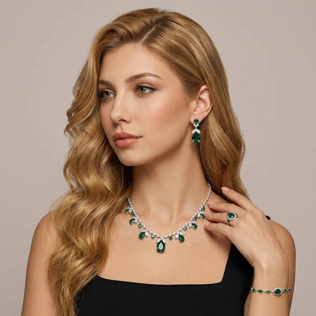 Silver Tone Teardrop Green Rhinestone Jewelry Set For Wedding Evening Party