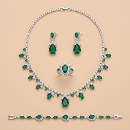 Silver Tone Teardrop Green Rhinestone Jewelry Set For Wedding Evening Party