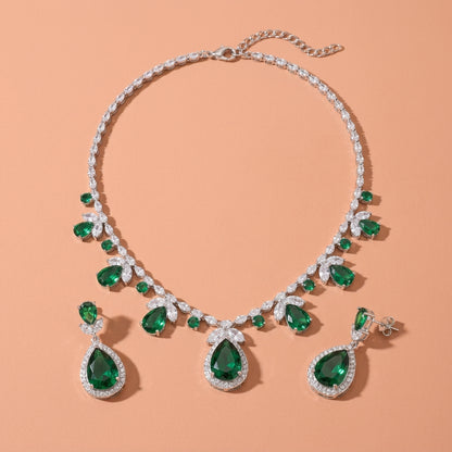 Silver Tone Teardrop Green Rhinestone Jewelry Set For Wedding Evening Party