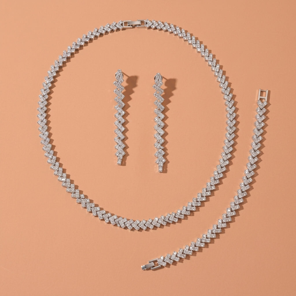 Silver Chevron Clear Rhinestone Jewelry Set For Wedding Evening Party
