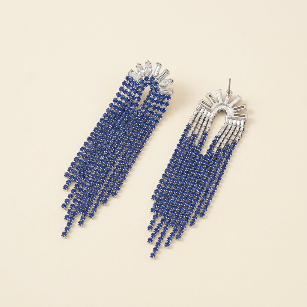 Silver Tone Blue Rhinestone Long Tassel Drop Earrings For Wedding Evening Party