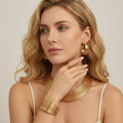 Gold Multi Layer Wire Metal Choker Jewelry Set For Wedding/Formal/Evening Party