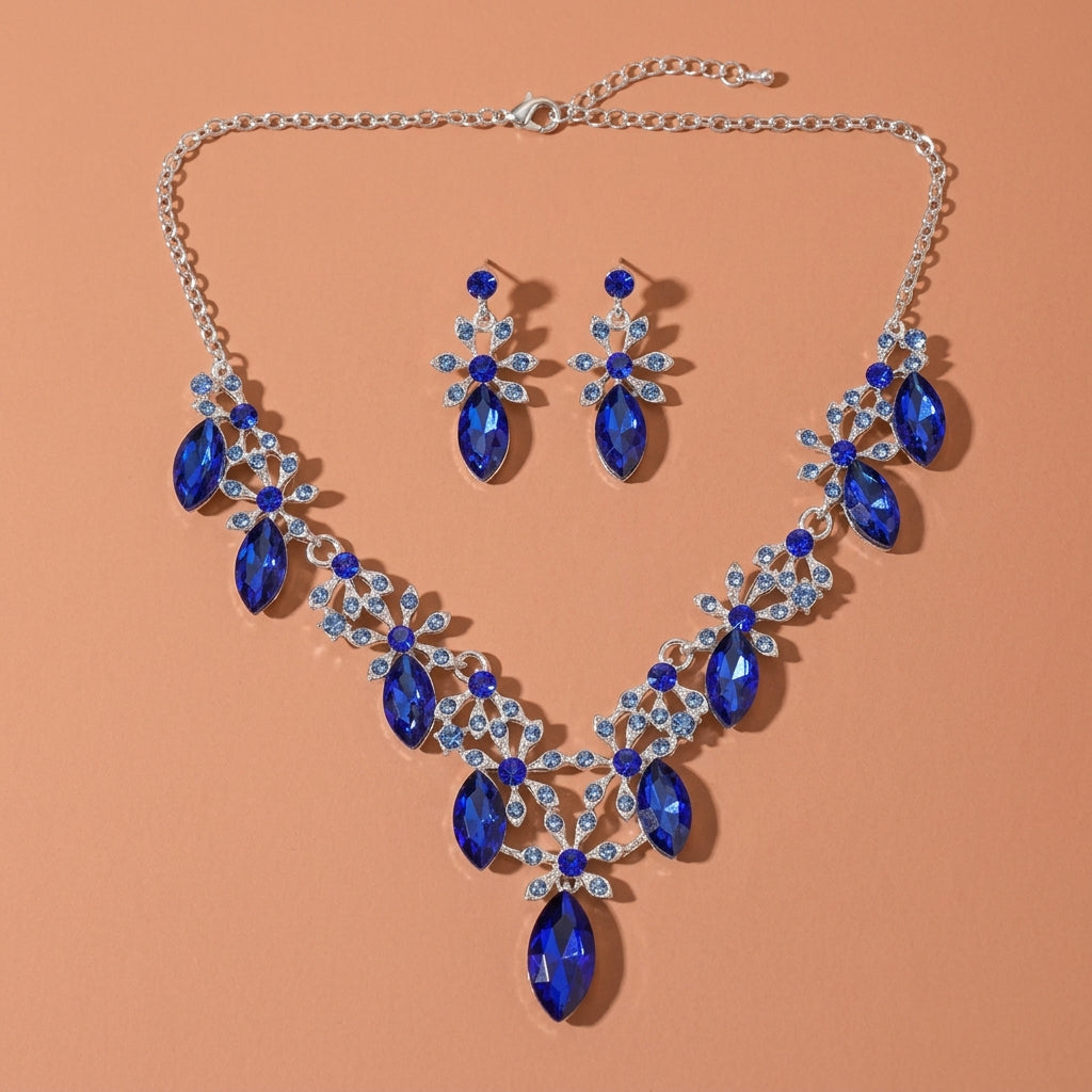 Silver Tone Marquise Blue Rhinestone Floral Necklace Earrings Jewelry Set For Wedding Evening Party