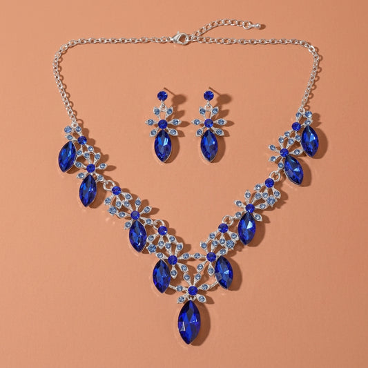 Silver Tone Marquise Blue Rhinestone Floral Necklace Earrings Jewelry Set For Wedding Evening Party
