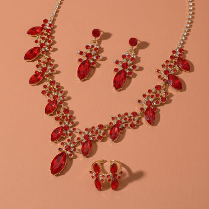 Gold Tone Marquise Red Rhinestone Floral Necklace Earrings Ring Jewelry Set For Wedding Evening Party
