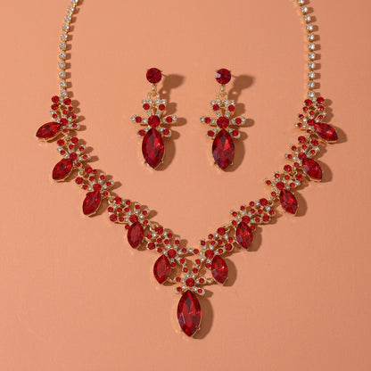 Gold Tone Marquise Red Rhinestone Floral Necklace Earrings Ring Jewelry Set For Wedding Evening Party