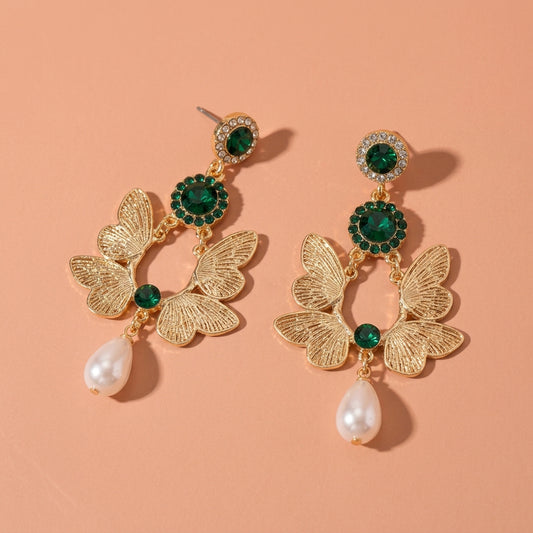 Gold Butterfly Green Rhinestone Teardrop Pearl Drop Earrings For Wedding Evening Party