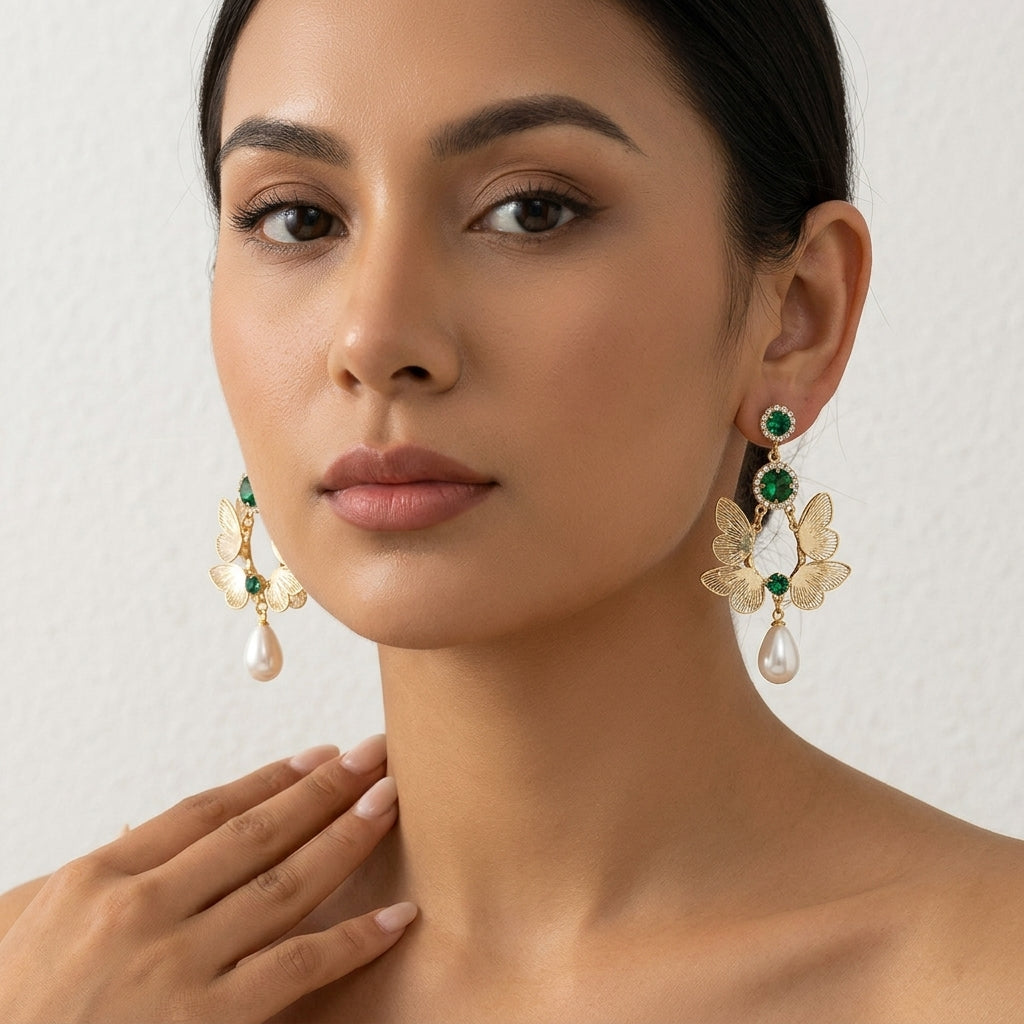 Gold Butterfly Green Rhinestone Teardrop Pearl Drop Earrings For Wedding Evening Party