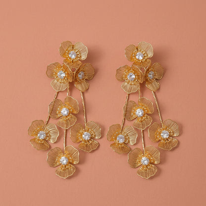 Gold Wire Metal Floral Tassel Drop Earrings With Clear Rhinestone For Wedding Evening Party