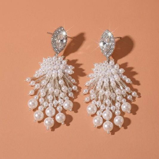 Silver Tone Marquise Rhinestone Pearl Tassel Drop Earrings For Wedding Evening Party