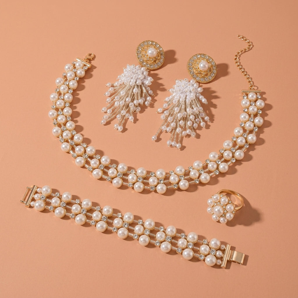Pearl Cluster Rhinestone Jewelry Set Necklace Earrings Bracelet Ring For Wedding Evening Party