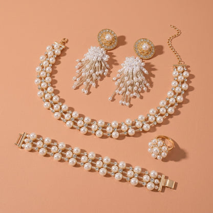 Pearl Cluster Rhinestone Jewelry Set Necklace Earrings Bracelet Ring For Wedding Evening Party