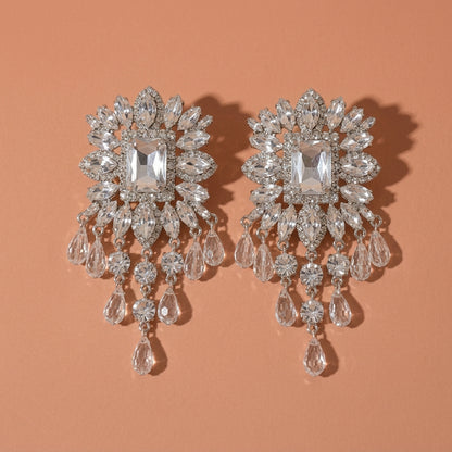 Silver Tone Rectangle Rhinestone Floral Tassel Drop Earrings For Wedding Evening Party