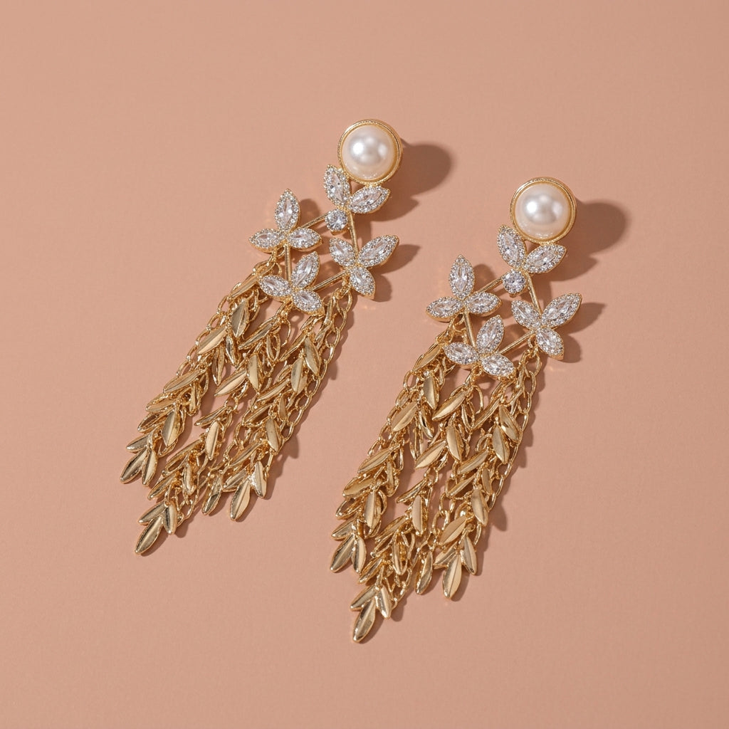 Gold Tone Pearl Rhinestone Leaf Metal Tassel Drop Earrings For Wedding Evening Party