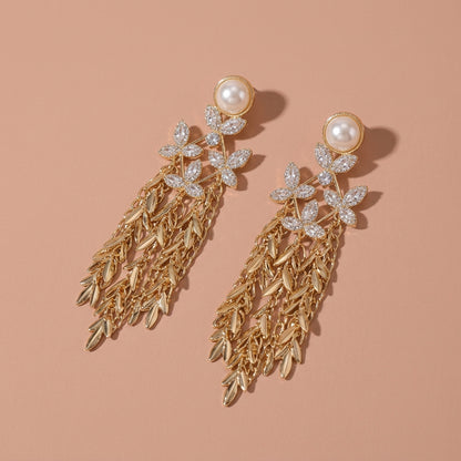 Gold Tone Pearl Rhinestone Leaf Metal Tassel Drop Earrings For Wedding Evening Party