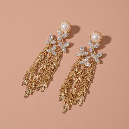Gold Tone Pearl Rhinestone Leaf Metal Tassel Drop Earrings For Wedding Evening Party