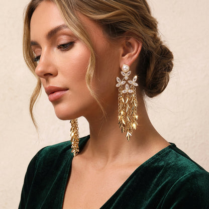 Gold Tone Pearl Rhinestone Leaf Metal Tassel Drop Earrings For Wedding Evening Party