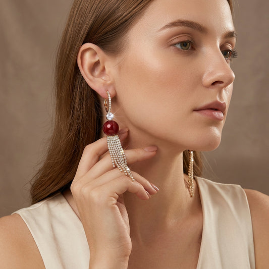 Gold Tone Burgundy Round Bead Rhinestone Tassel Hoop Drop Earrings For Wedding Evening Party