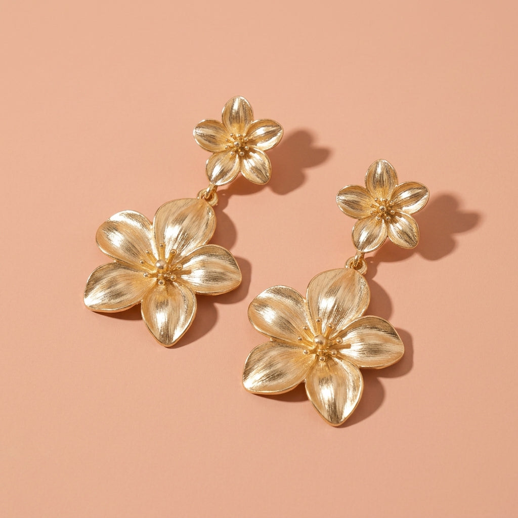 Gold Tone Double Metal Flower Drop Earrings For Wedding Evening Party