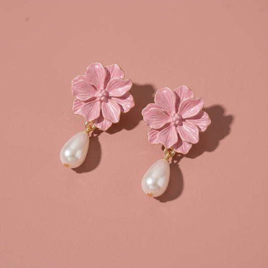 Pink Enamel Flower Teardrop Pearl Drop Earrings For Wedding Evening Party