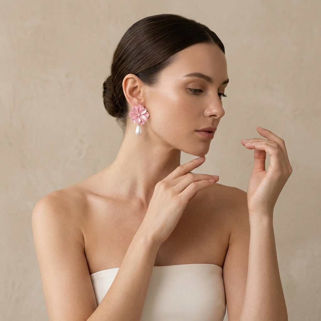 Pink Enamel Flower Teardrop Pearl Drop Earrings For Wedding Evening Party