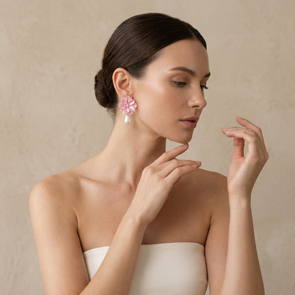 Pink Enamel Flower Teardrop Pearl Drop Earrings For Wedding Evening Party