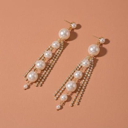 Gradient Size Pearl Rhinestone Tassel Drop Earrings For Wedding Evening Party