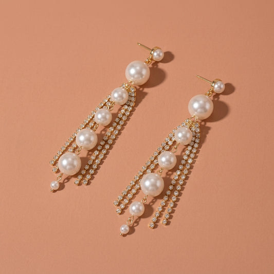 Gradient Size Pearl Rhinestone Tassel Drop Earrings For Wedding Evening Party