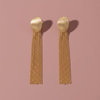 Brushed Oval Metal Plate Long Chain Tassel Drop Earrings For Wedding Evening Party