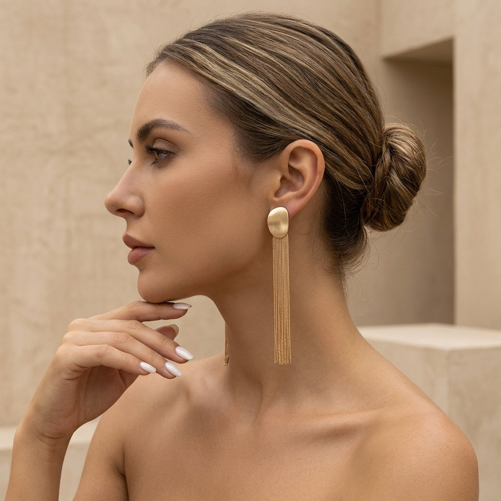 Brushed Oval Metal Plate Long Chain Tassel Drop Earrings For Wedding Evening Party