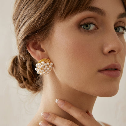 Vintage Carved Metal Cluster Pearl Stud Earrings For Wedding Evening Party