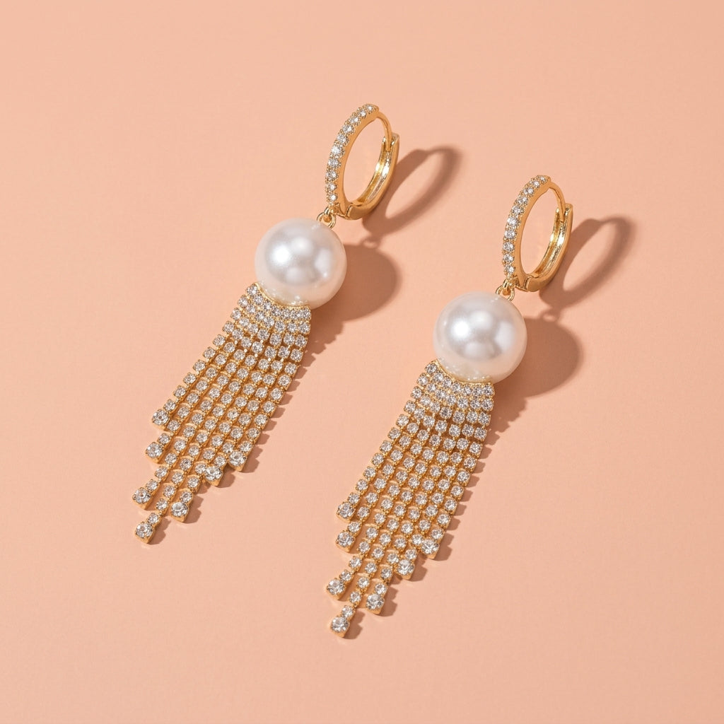 Rhinestone Huggie Hoop Earrings With Pearl And Tassel For Wedding Evening Party