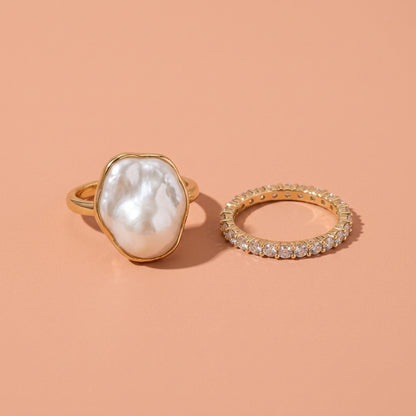 Baroque Pearl And Full Pave Rhinestone Stackable Ring Set For Wedding Evening Party