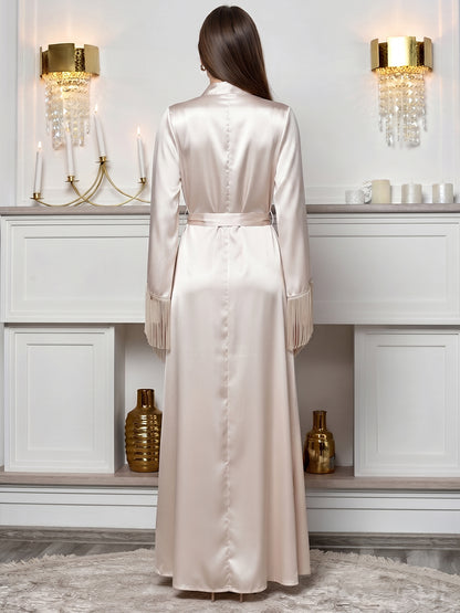 Satin Fringe Tassel Long Robe Women Wide Bell Sleeve Wrap Bridal Getting Ready Robe