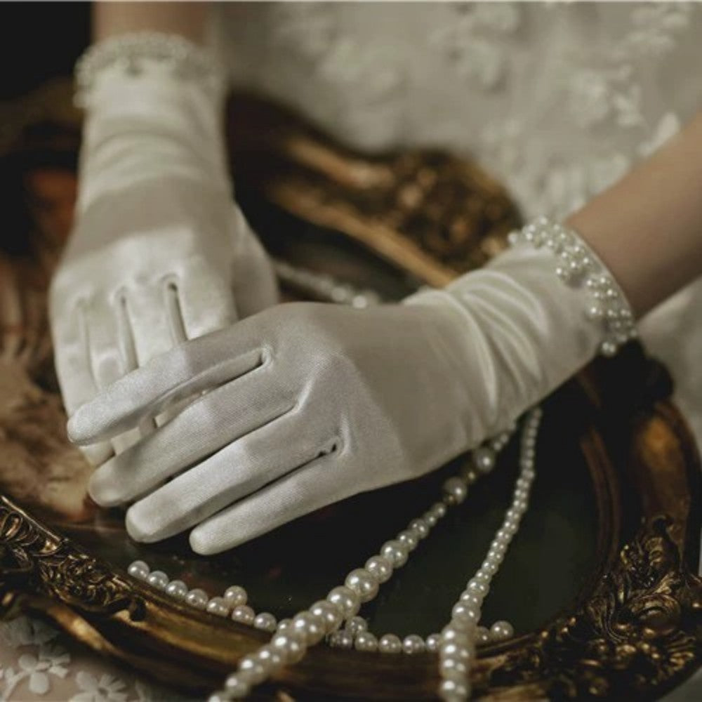 Women White Satin Long Gloves Elegant Pearl Decor Evening Party Gloves