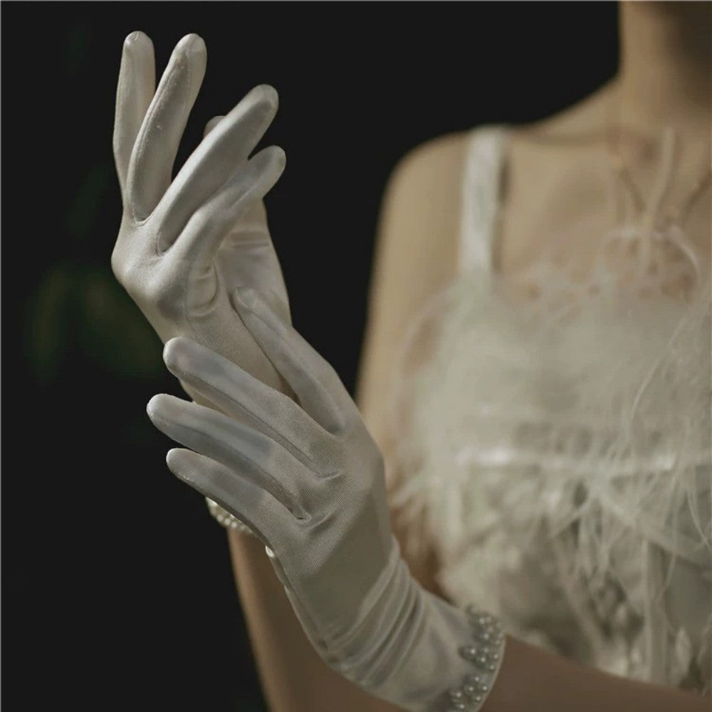 Women White Satin Long Gloves Elegant Pearl Decor Evening Party Gloves