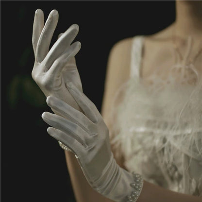 Women White Satin Long Gloves Elegant Pearl Decor Evening Party Gloves
