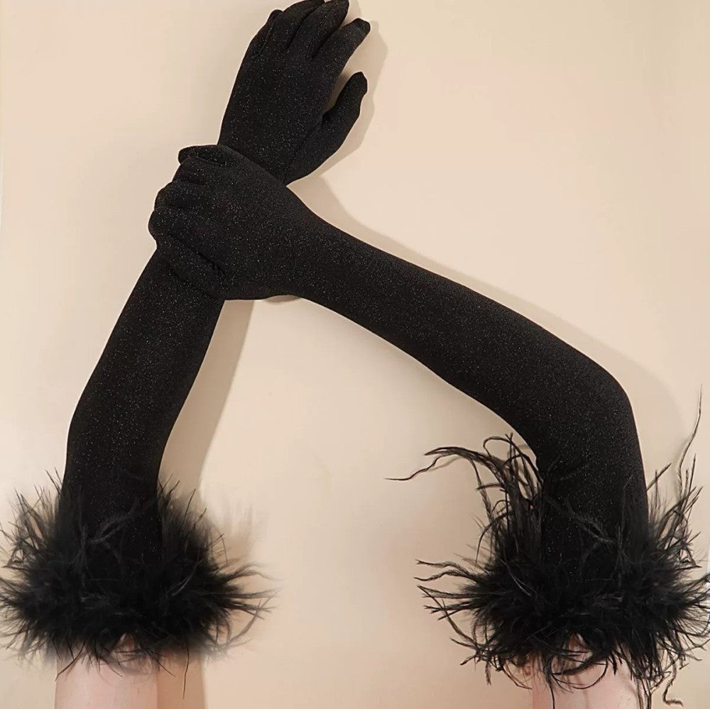 Long Sparkly Glitter Gloves with Feather Trim for Halloween Party