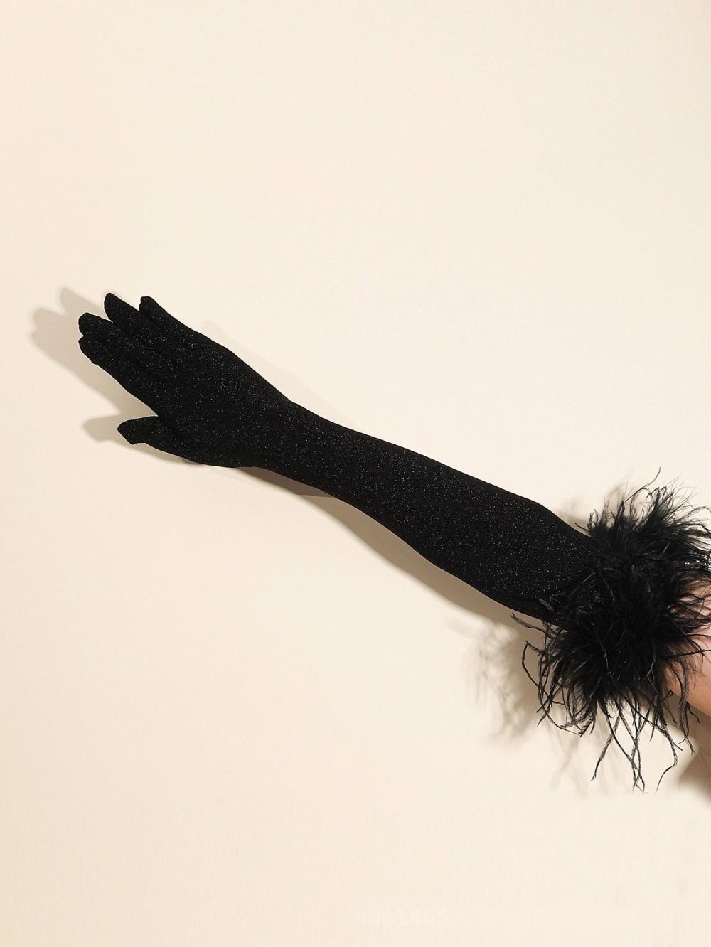 Long Sparkly Glitter Gloves with Feather Trim for Halloween Party