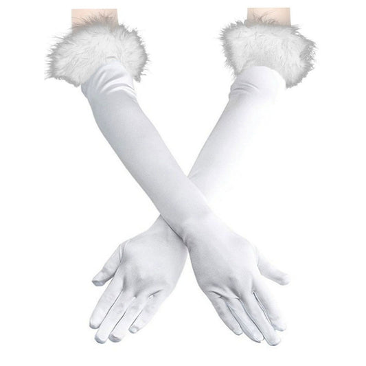 Long Stretch Gloves with Feather Cuffs for 1920s Party