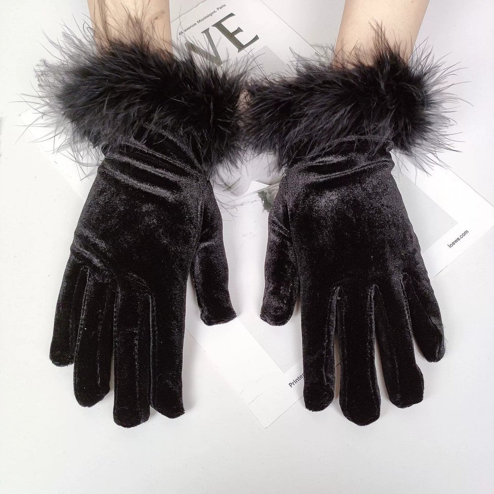 Short Velvet Feather Gloves for Evening Costume Party