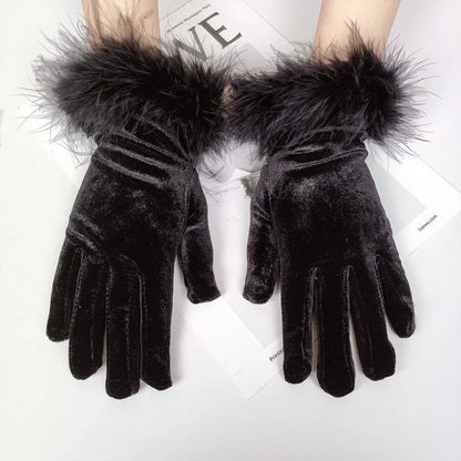 Short Velvet Feather Gloves for Evening Costume Party
