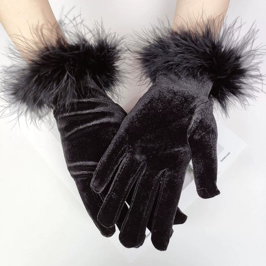 Short Velvet Feather Gloves for Evening Costume Party