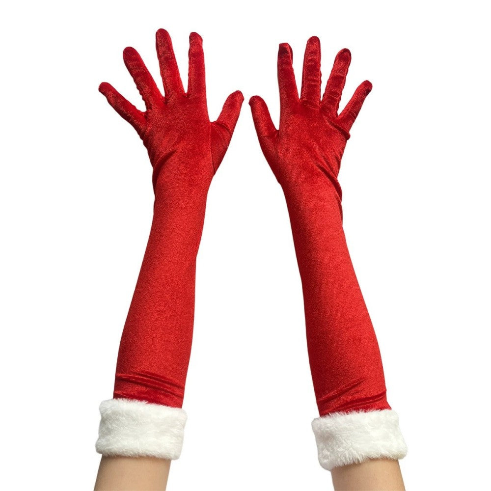 Long Red Velvet Gloves with White Fur Trim for Christmas Party