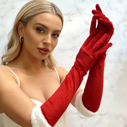 Long Red Velvet Gloves with White Fur Trim for Christmas Party