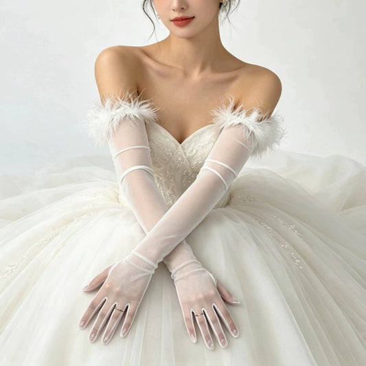 Long Sheer Tulle Gloves with Feather Trim for Wedding and Halloween Party